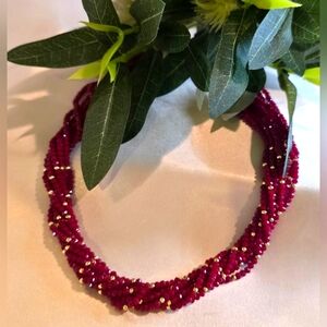 Ruby Red Crystal Beaded Necklace with Gold Accents.